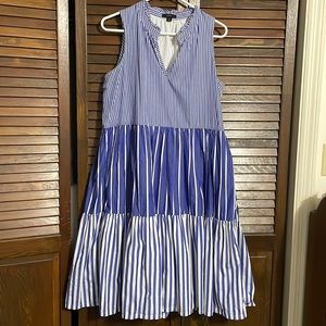 J J. Crew blue stripe tiered cotton dress M medium pockets split ruffle neck euc